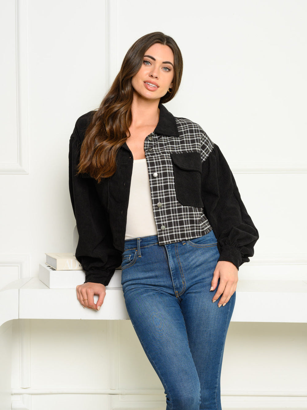 WOMEN'S LONG SLEEVE BUTTON UP SOLID/PLAID JACKET