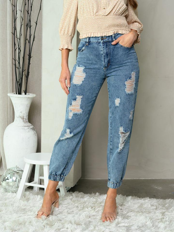 WOMEN'S DENIM DISTRESS SMOCK ANKLE JEANS