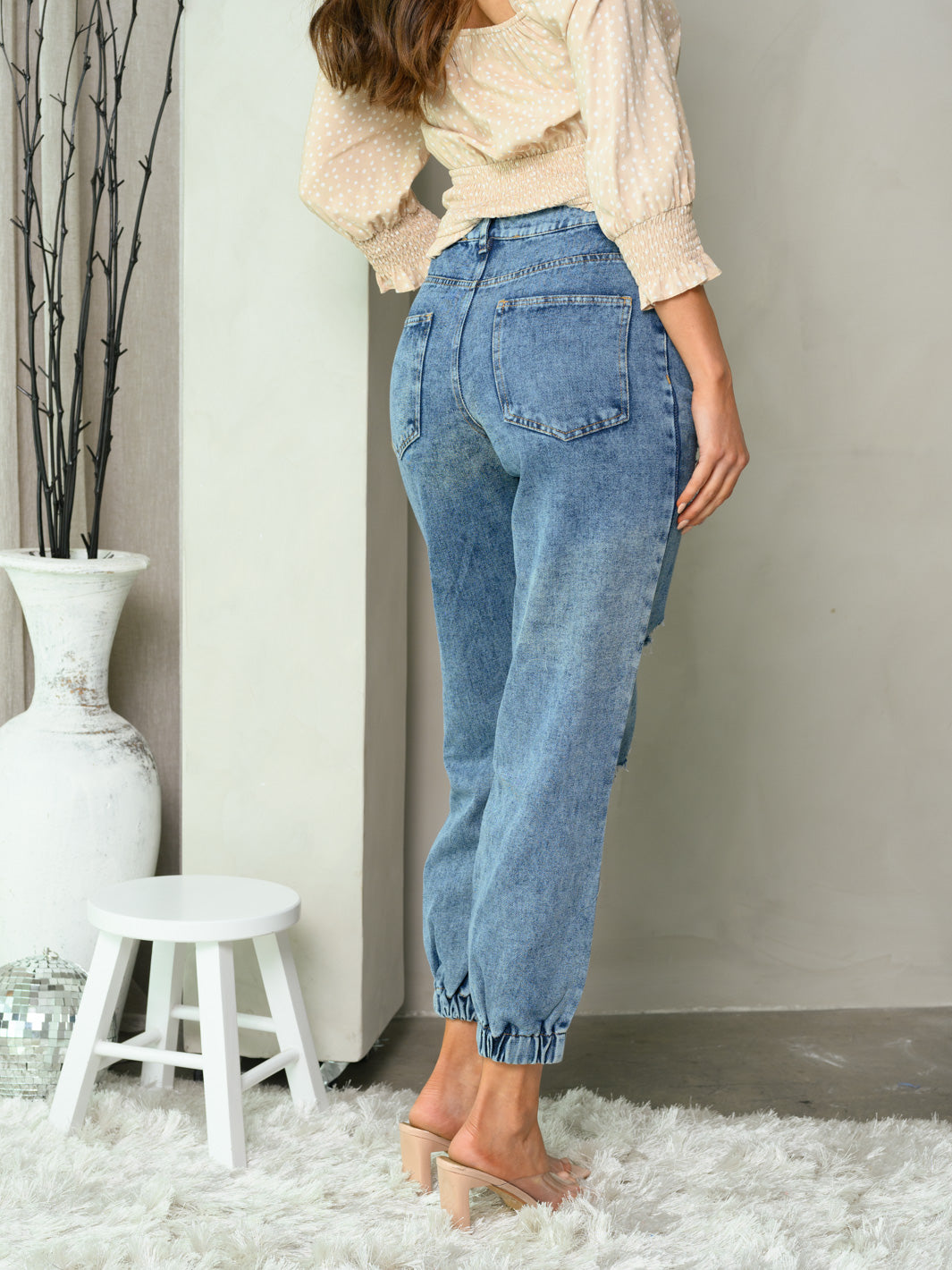 WOMEN'S DENIM DISTRESS SMOCK ANKLE JEANS