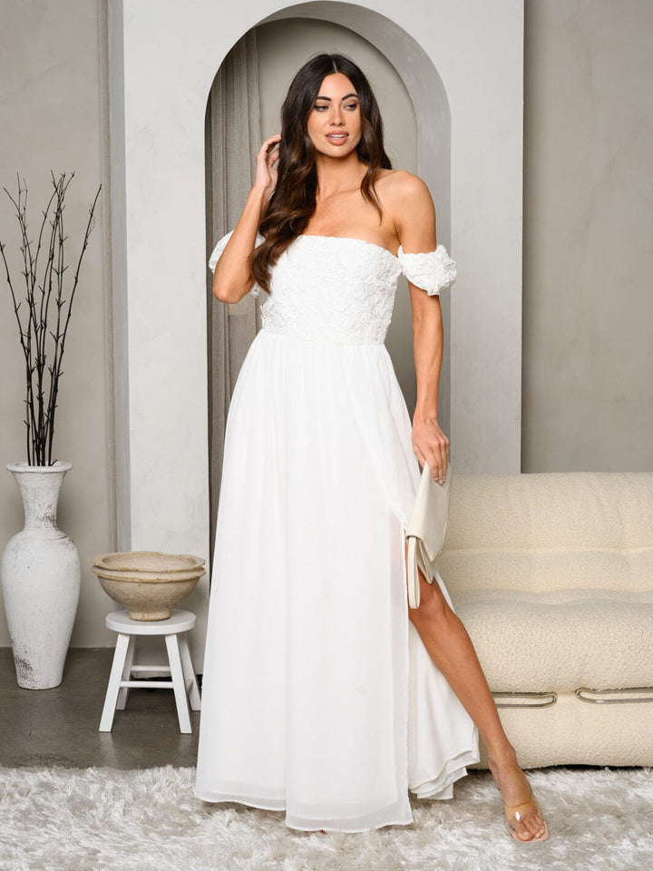 WOMEN'S OFF SHOULDER LACE SIDE SLIT MAXI GOWN DRESS