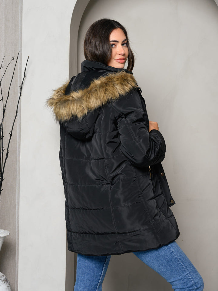 WOMEN'S PADDED BUTTON DOWN FUR HOODED JACKET