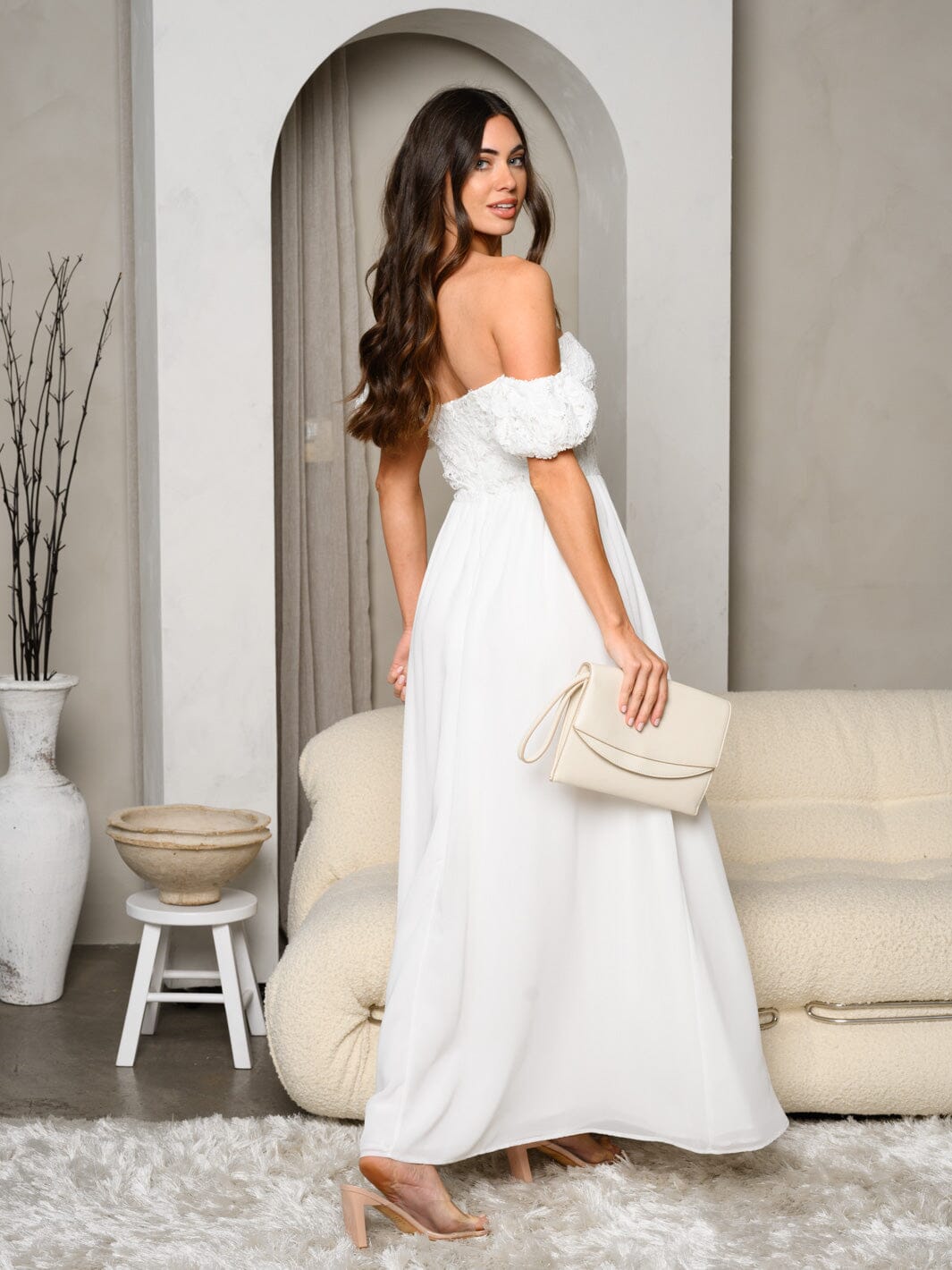 WOMEN'S OFF SHOULDER LACE SIDE SLIT MAXI GOWN DRESS