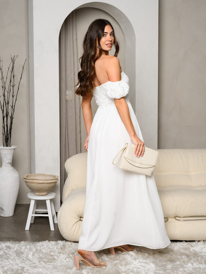 WOMEN'S OFF SHOULDER LACE SIDE SLIT MAXI GOWN DRESS